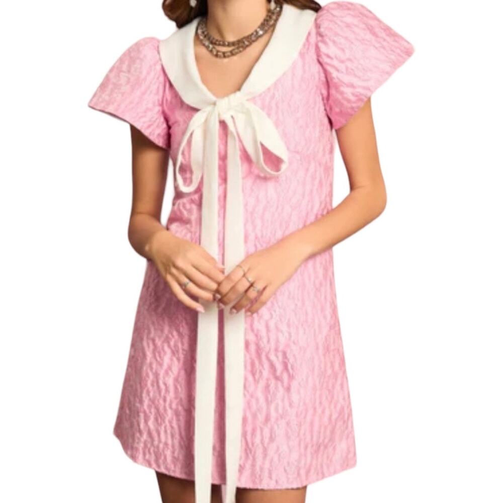 Sister Jane Pink Terracotta Jacquard Dress Large New Bow Cherry Blossom Coquette